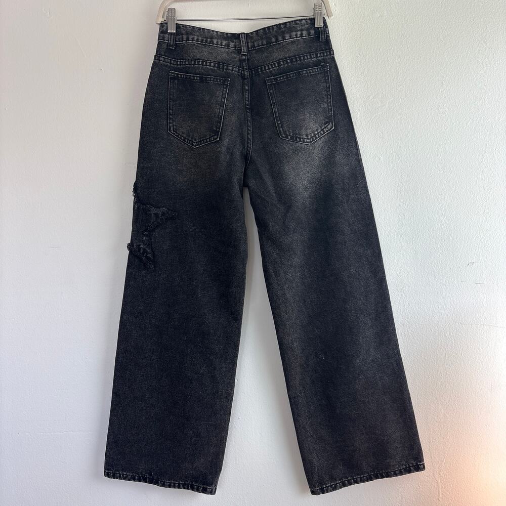 Riley & James Black Wide Leg Jeans Studded Star Distressed Size Small - Picture 2 of 7